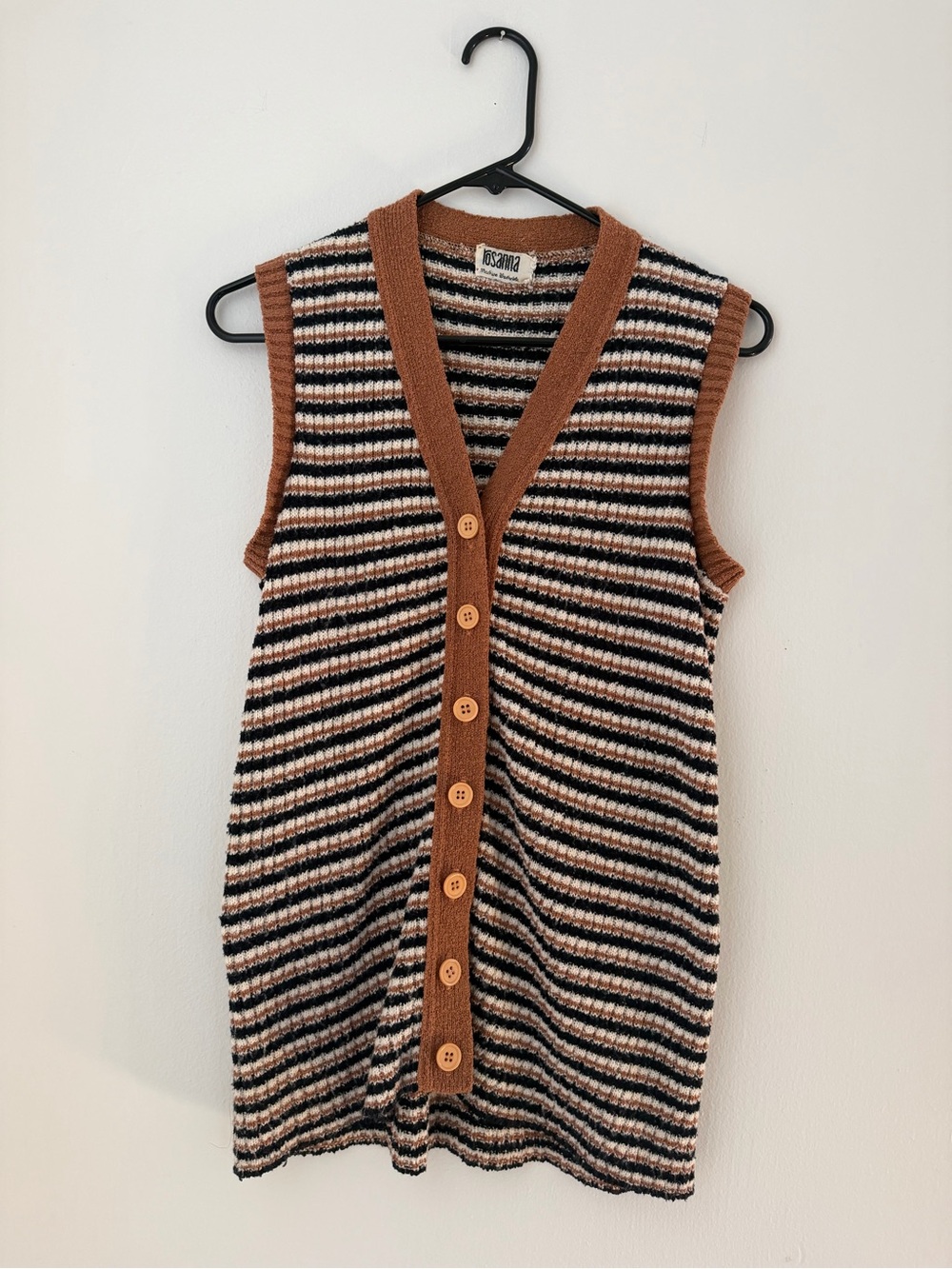 Striped Knit Button-Front Vest in Brown, Black & Cream